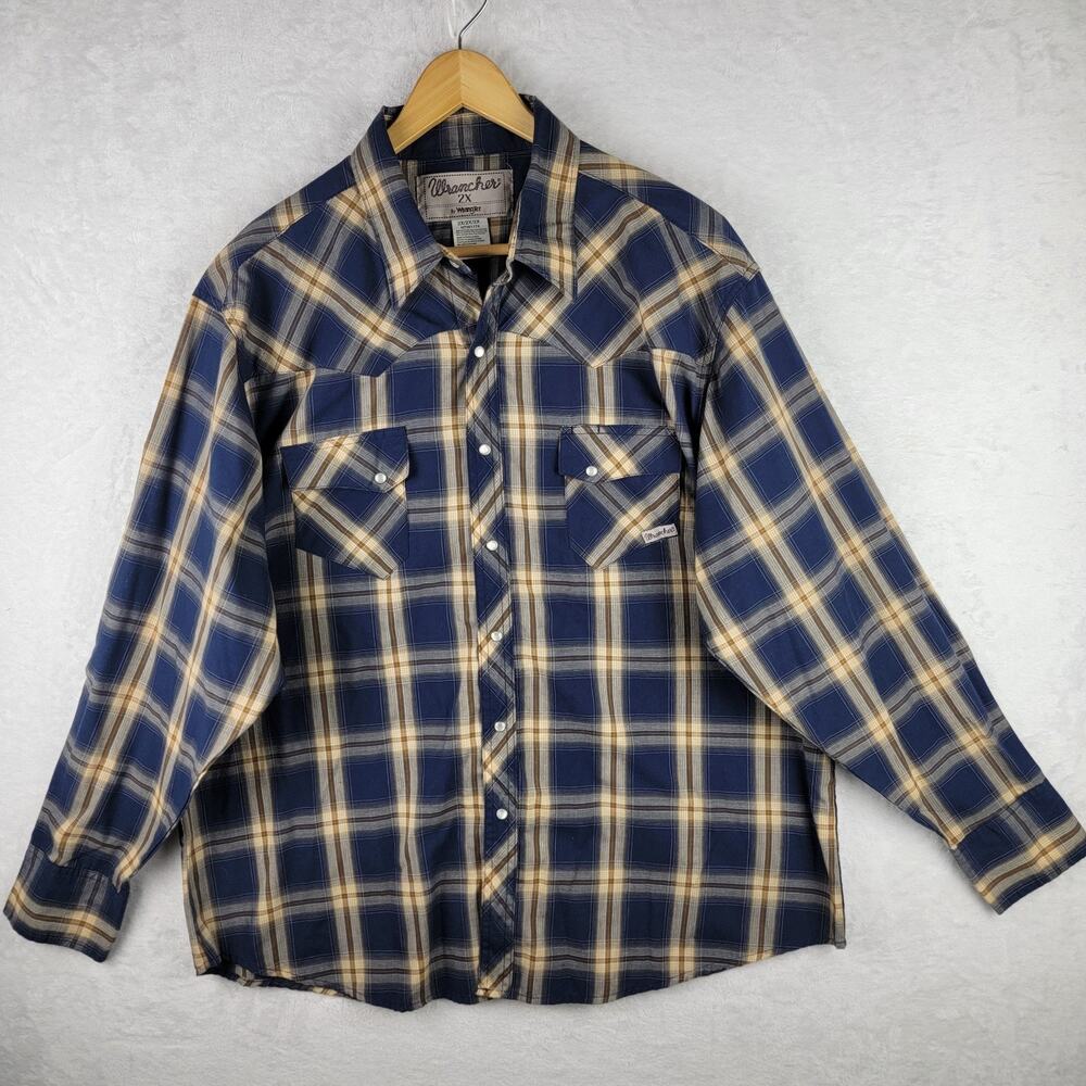 Men Sz 2X Long Sleeve Shirt Pearl Snap Blue Brown Plaid Cowboy Western Wrangler